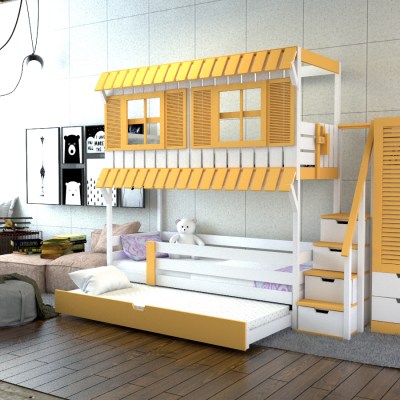 Кровать трехъярусная - домик BarbyHome-2-G2-LKP4-VK для детей и подростков из массива сосны 